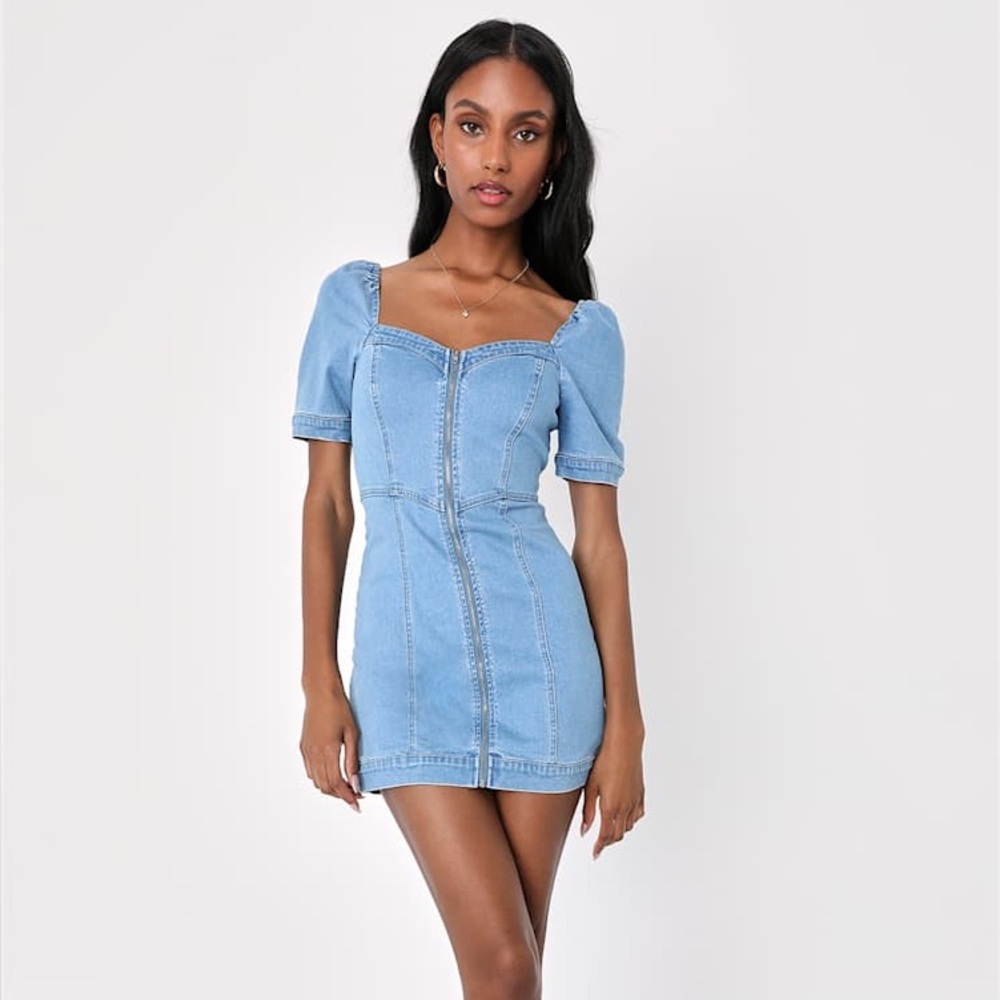 Lulus Trending Vibe Medium Wash Zip-Front Denim Dress - Picture 2 of 5